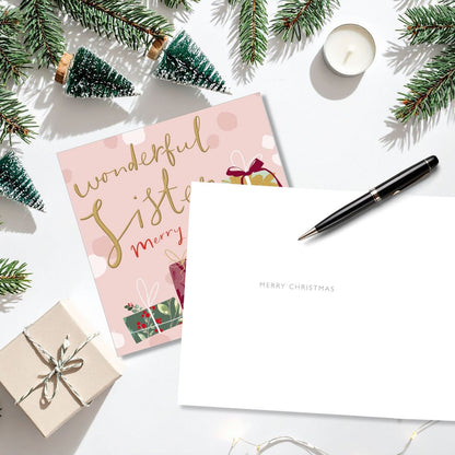 Wonderful Sister Christmas Card Gold Foiled Wrapped Presents Xmas Greetings