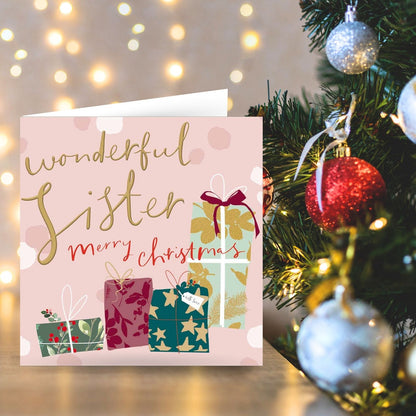 Wonderful Sister Christmas Card Gold Foiled Wrapped Presents Xmas Greetings