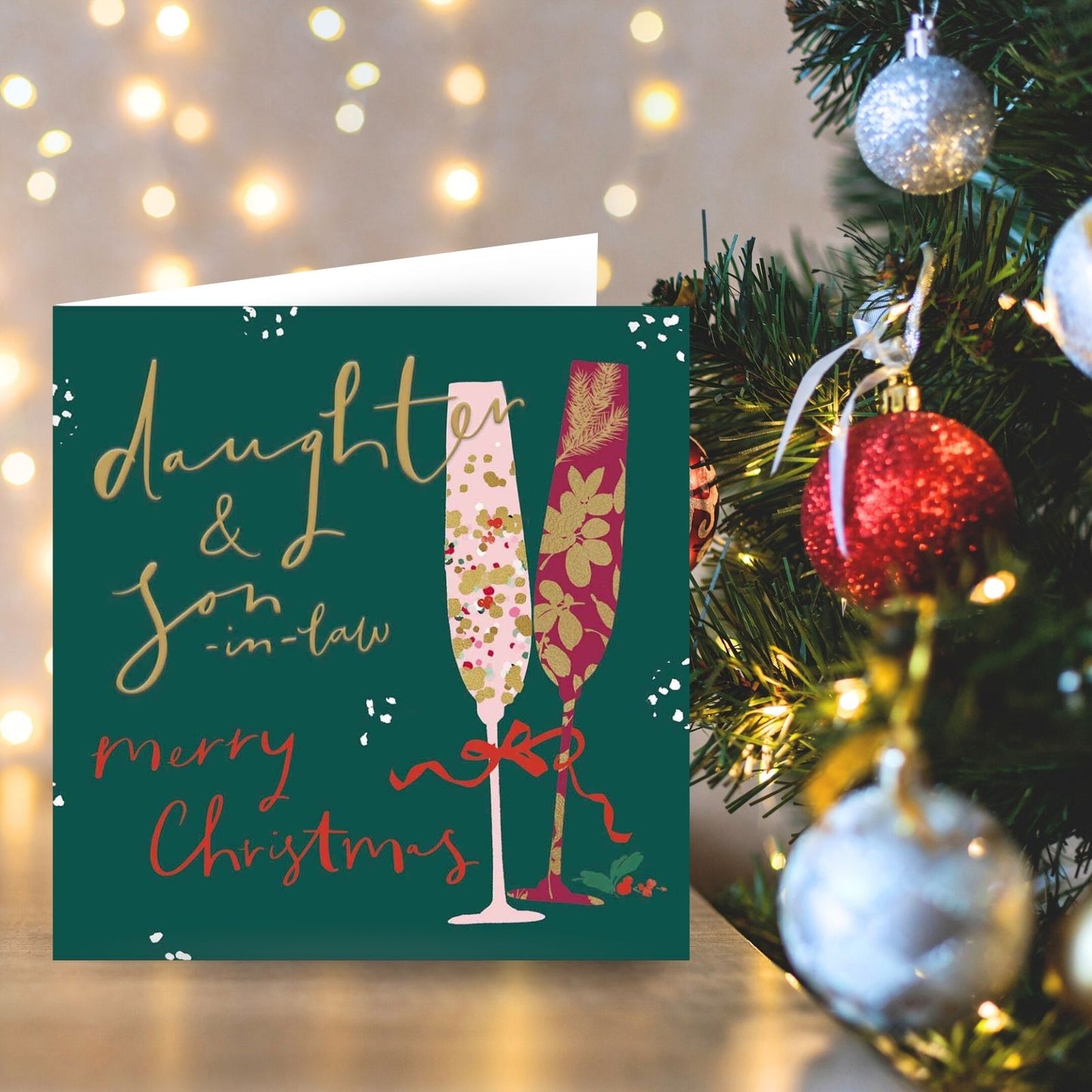 Daughter & Son-In-Law Christmas Card Gold Foiled Champagne Flutes Xmas Greetings