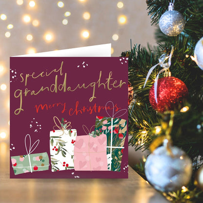 Special Granddaughter Christmas Card Gold Foiled Wrapped Presents Xmas Greetings