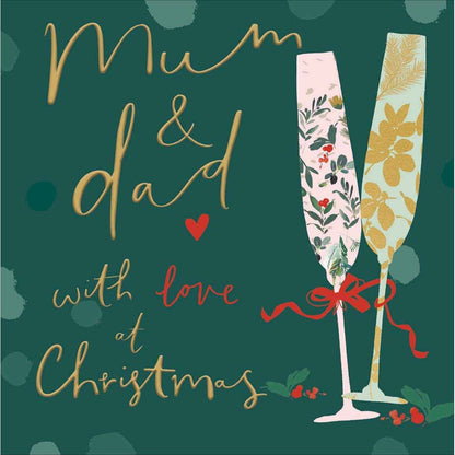 Mum & Dad Christmas Card Gold Foiled Champagne Flutes With Love Xmas Greetings