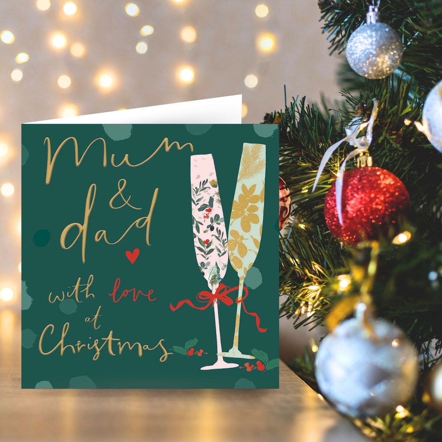 Mum & Dad Christmas Card Gold Foiled Champagne Flutes With Love Xmas Greetings