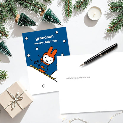 Miffy Grandson Christmas Card Cute Cartoon Bunny Skiing Childs Xmas Greetings
