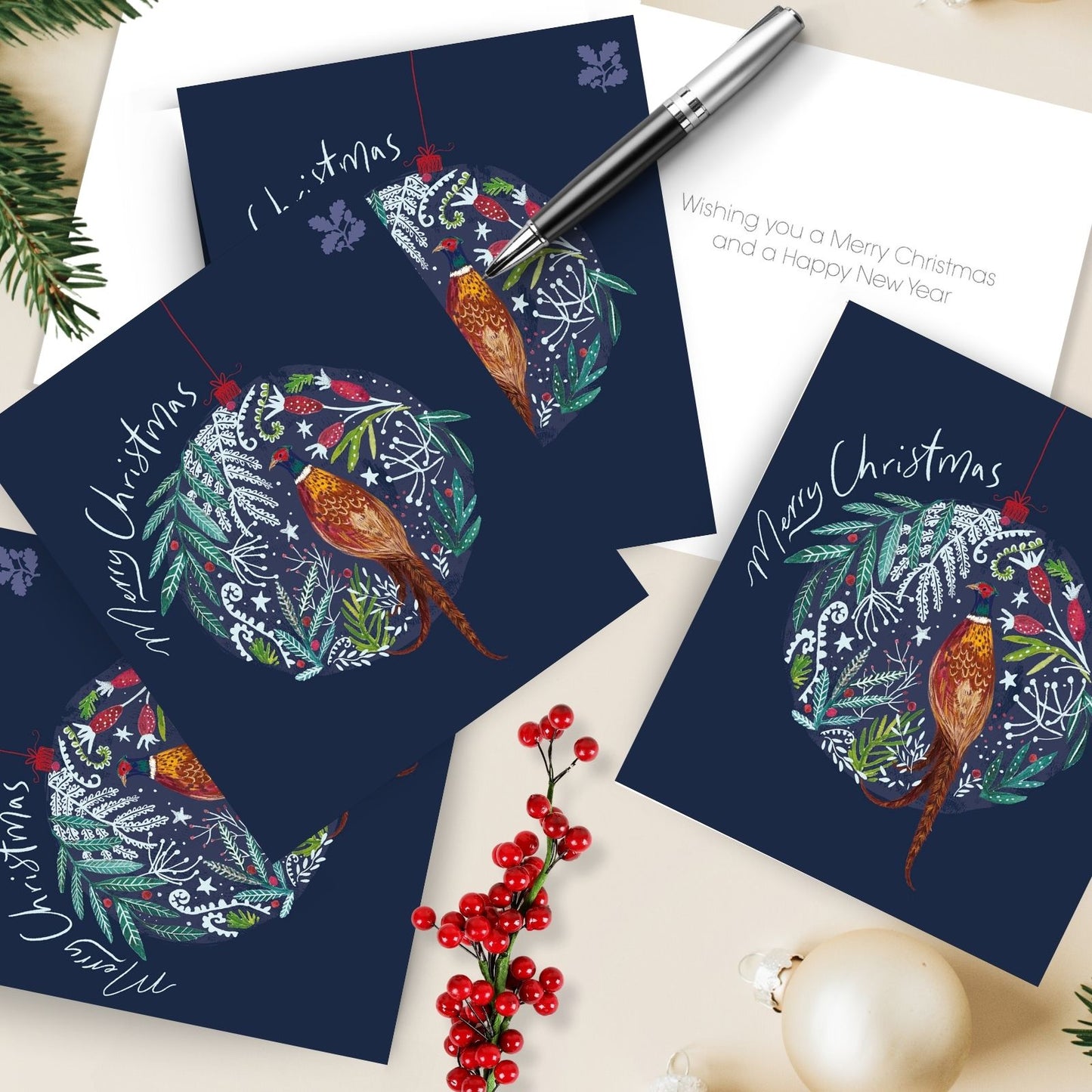 Pack of 5 Charity Christmas Cards Pheasant Bauble Cards National Trust Charity