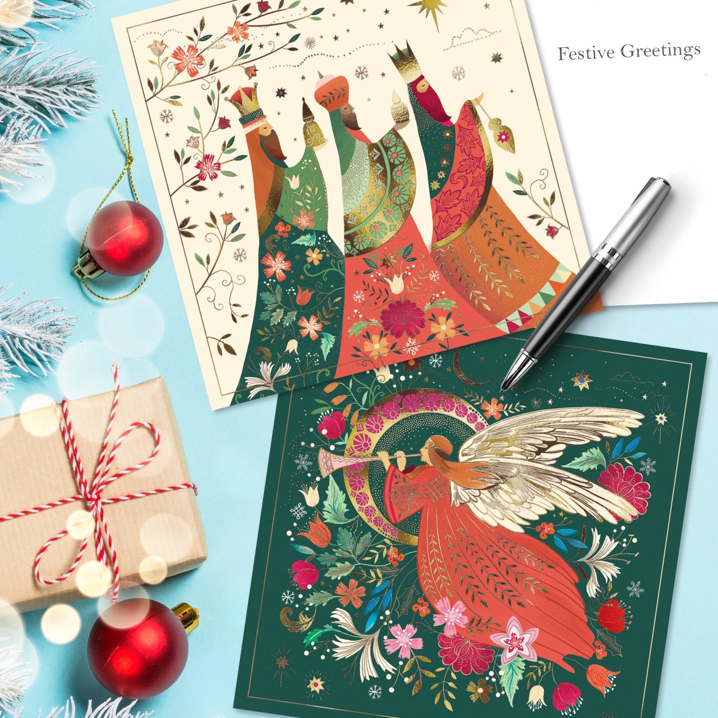 Box of 12 Kings & Angel Luxury Foiled Christmas Cards In 2 Designs