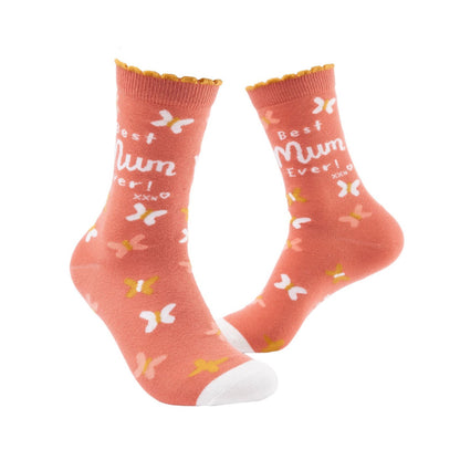 Boofle Best Mum Ever Socks Butterfly Design UK Size 4-7 Woven Socks Gift Idea
