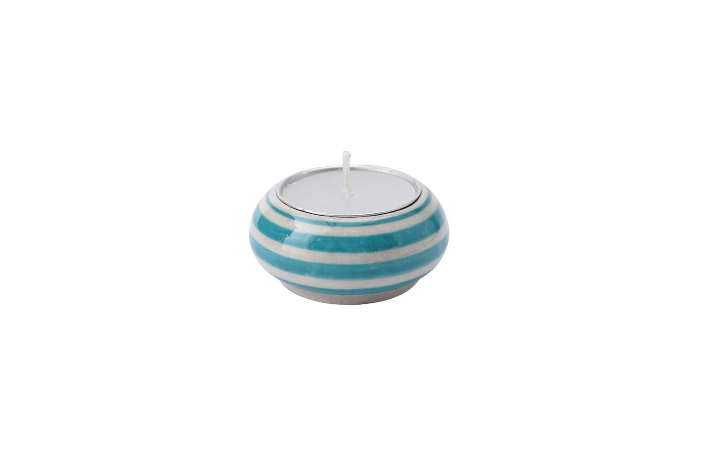 Teal Blue Striped Ceramic Tealight Holder & Candle Gift