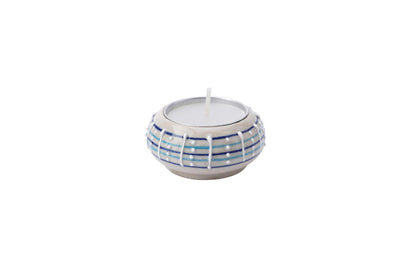 Blue Striped & Dotted Ceramic Tealight Holder & Candle Gift