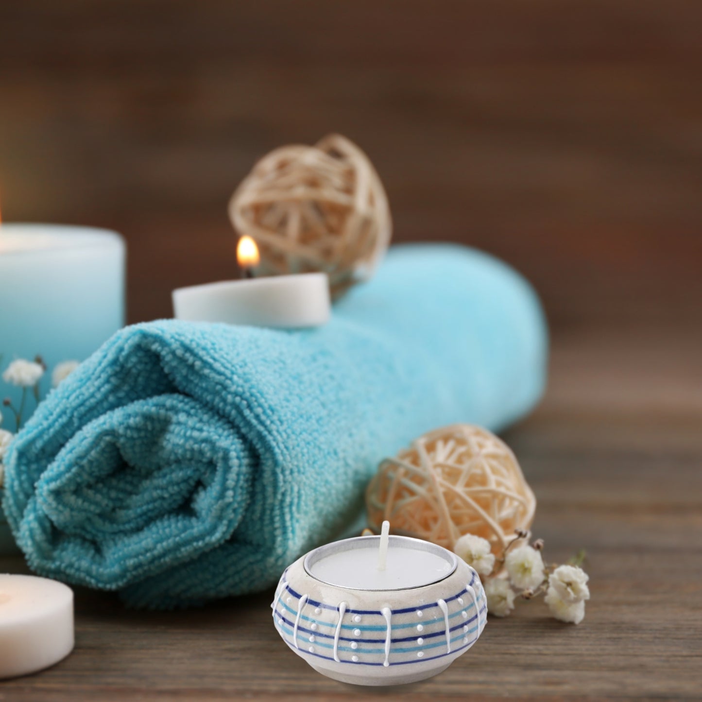 Blue Striped & Dotted Ceramic Tealight Holder & Candle Gift