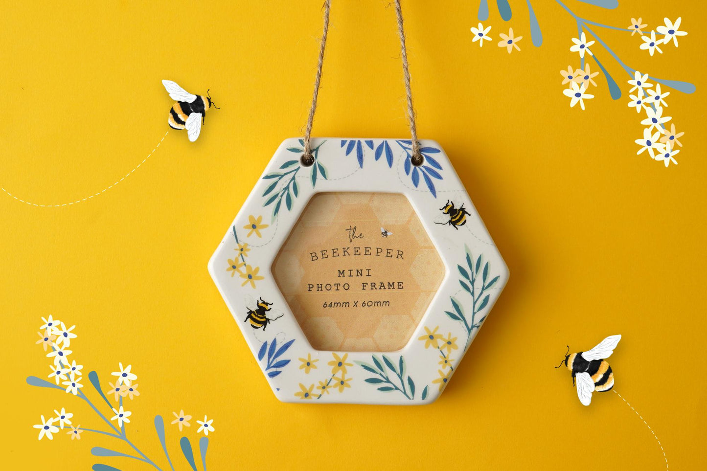 The Beekeeper Bee & Flowers Mini 2.5" Ceramic Hanging Photo Frame Gift Idea