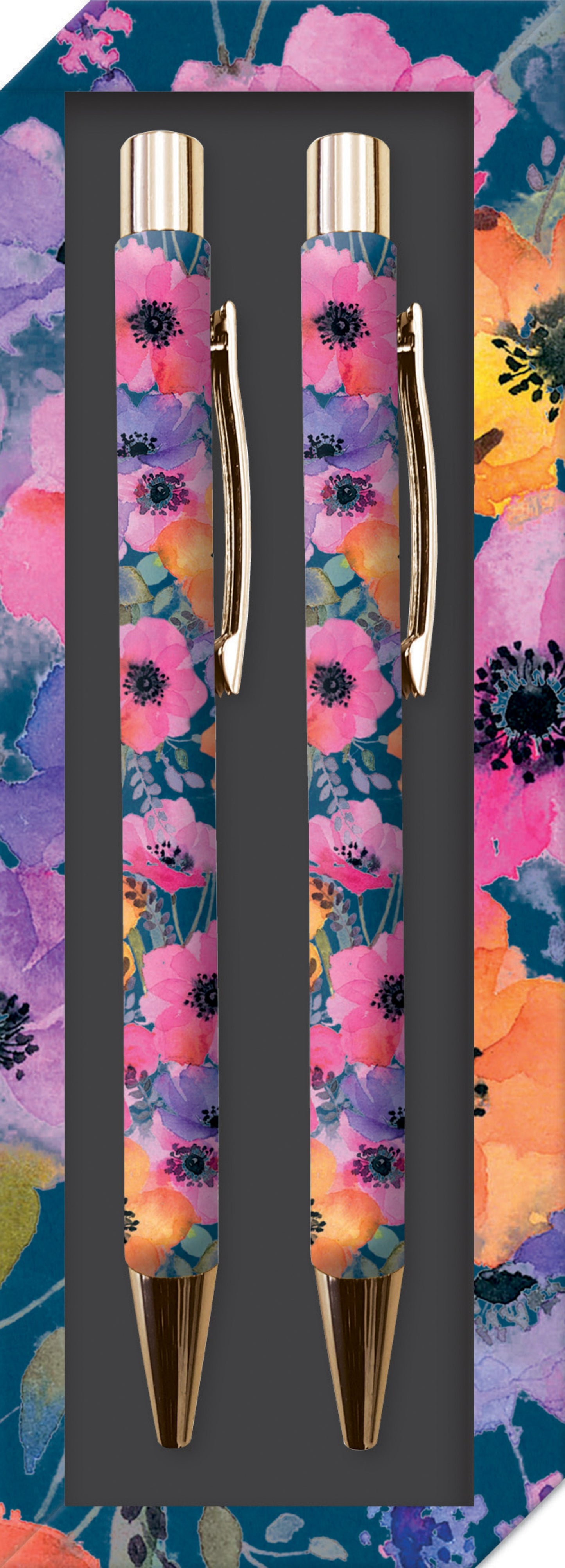 Gifted Stationery Twin Pen Set Anemonies Design Pair Pens In Gift Box