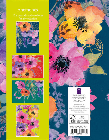 Gifted Stationery Notecard Wallet Red Anemones Design 12 Notecards & Envelope