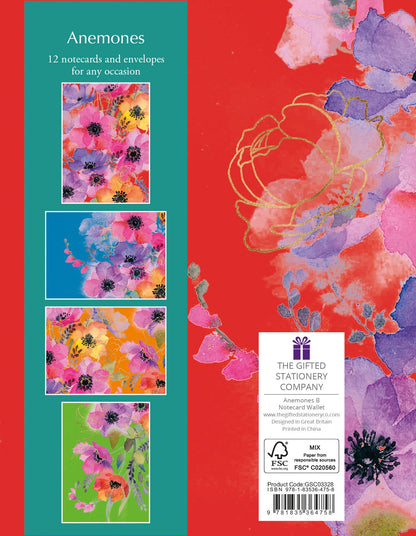 Gifted Stationery Notecard Wallet Pink Anemones Design 12 Notecards & Envelopes