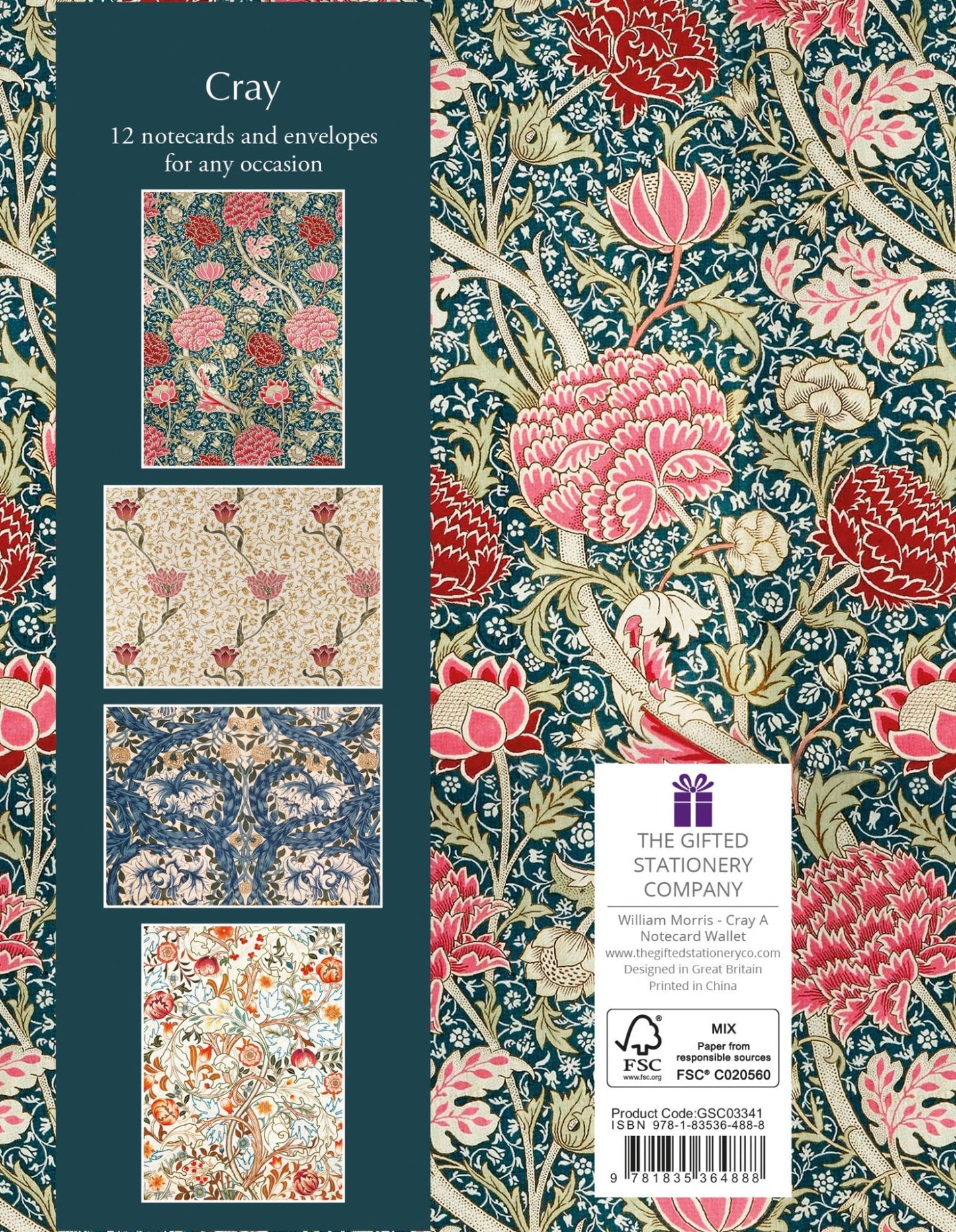 Gifted Stationery Notecard Wallet Pink William Morris Cray 12 Notecards