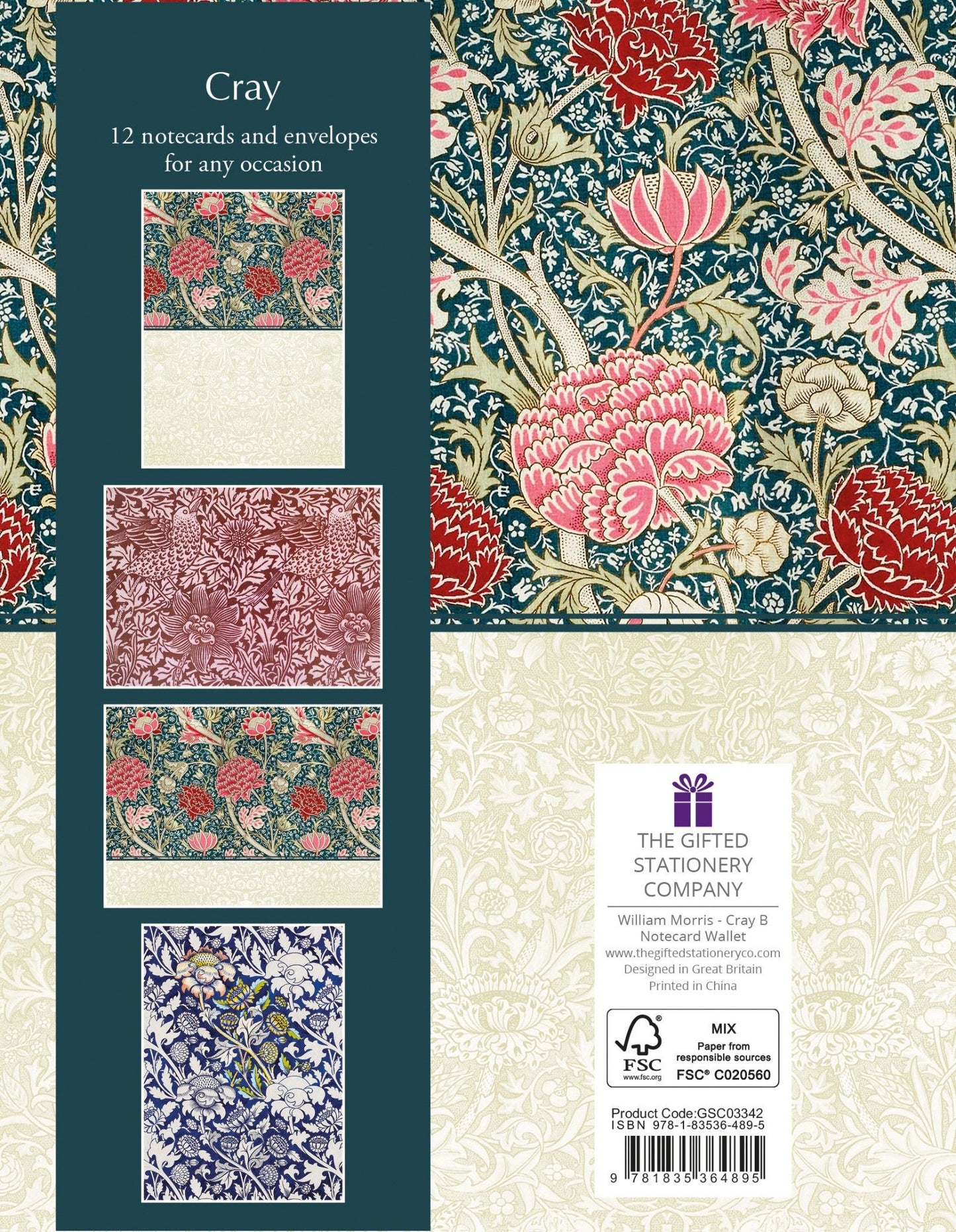 Gifted Stationery Notecard Wallet Red William Morris Cray 12 Notecards