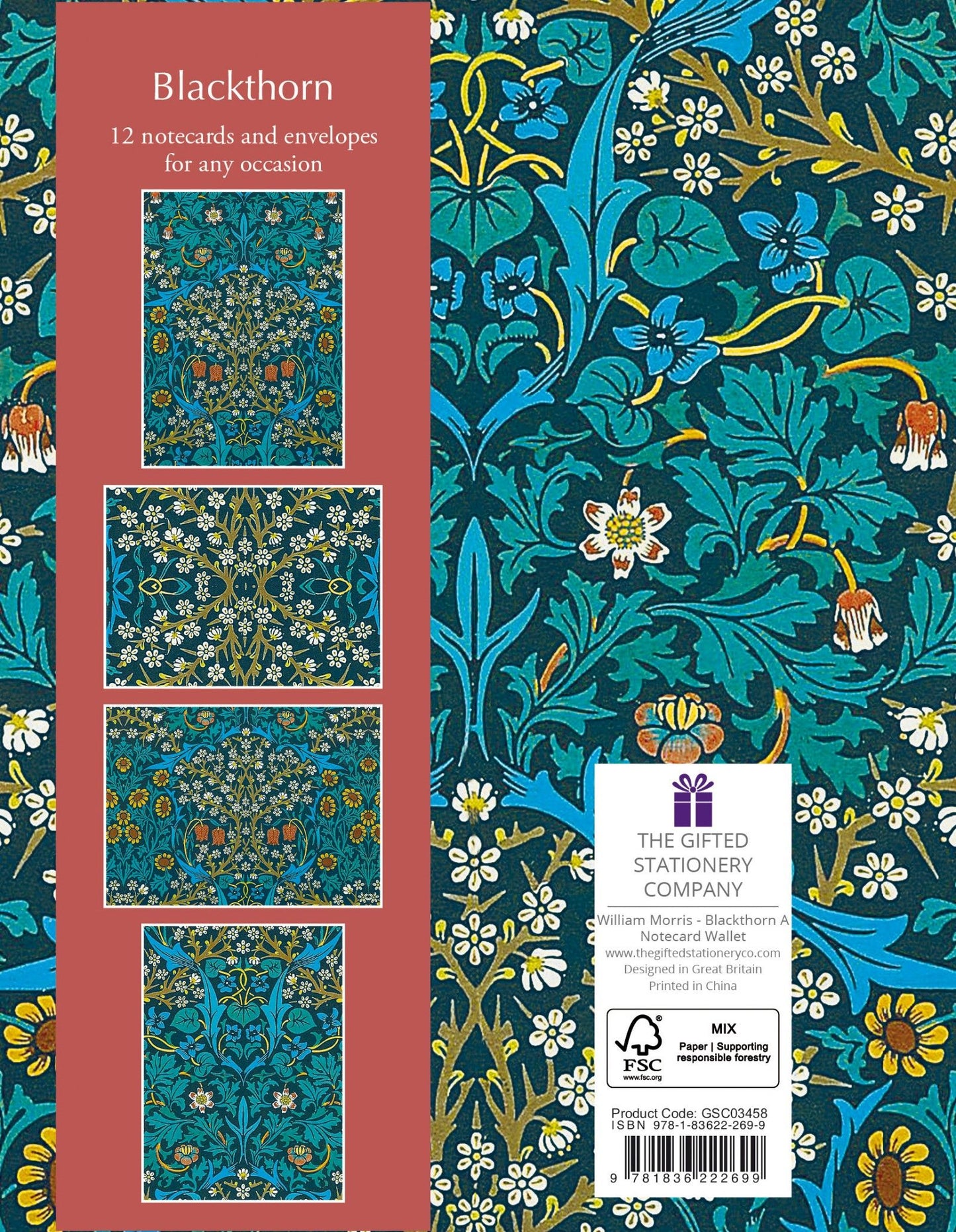 Gifted Stationery Notecard Wallet Blue William Morris Blackthorn 12 Notecards