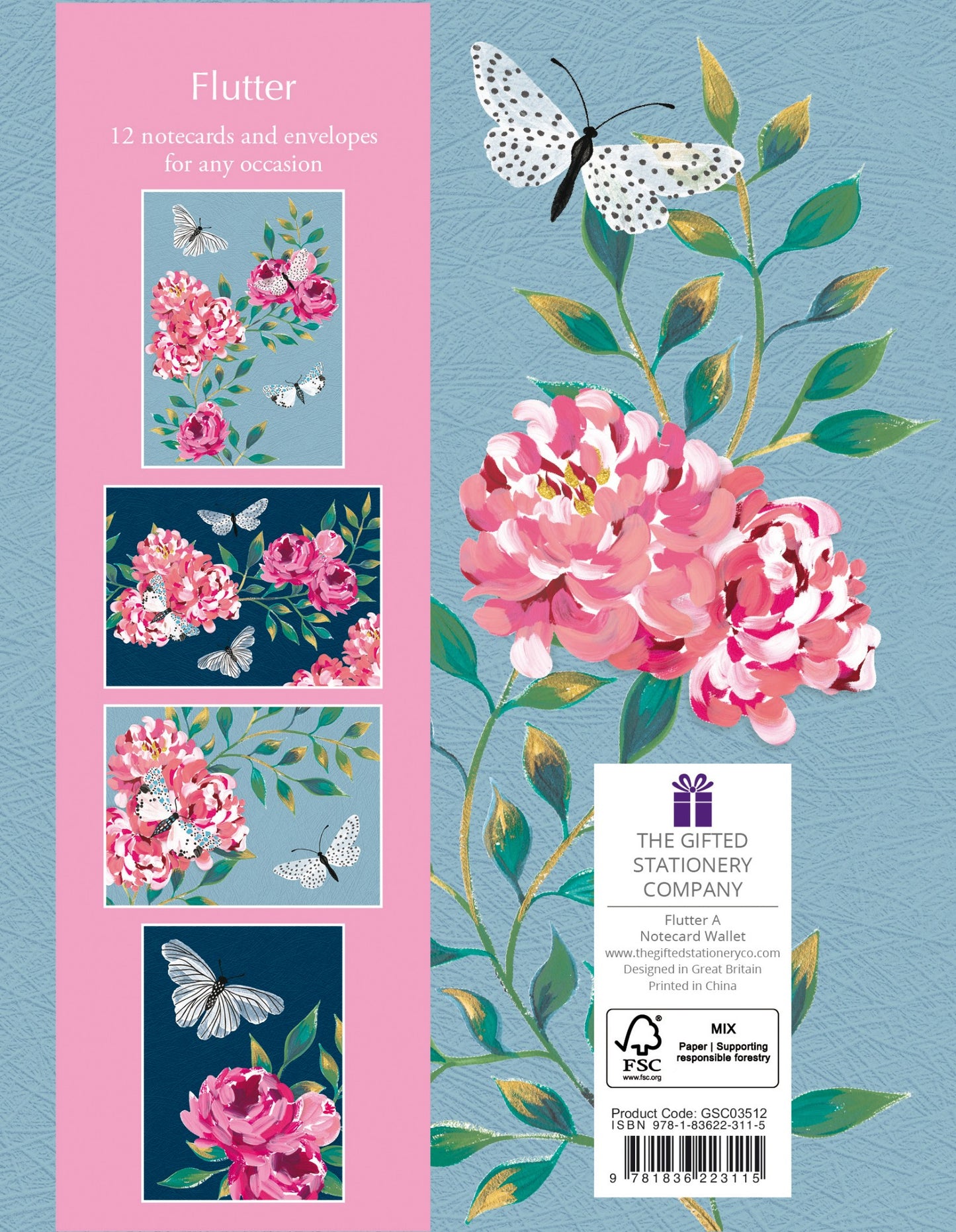 Gifted Stationery Notecard Wallet Blue Flutter Design 12 Notecards & Envelopes