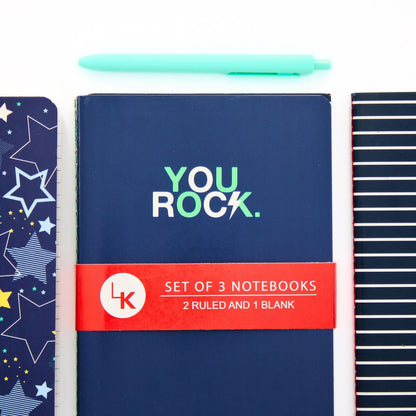 LK You Rock Set Of 3 A5 Notebooks 2 Ruled 1 Blank In Assorted Designs