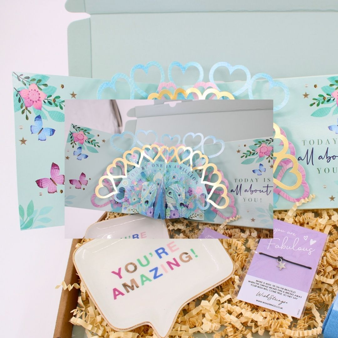 POSTED! Fabulous Birthday Letterbox Gift Includes Pop Up Peacock Treat Tray Card