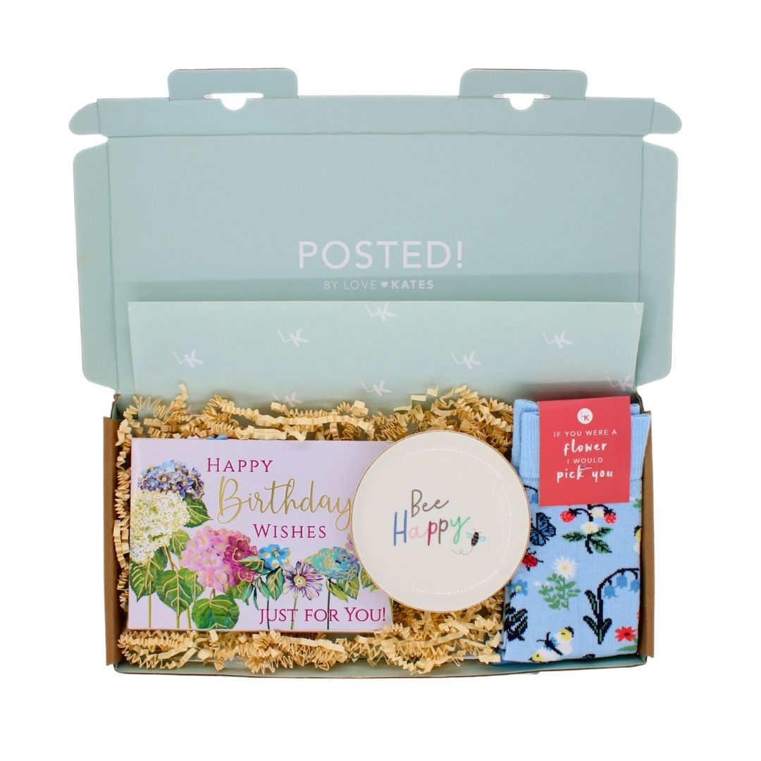 POSTED! Bee Happy Birthday Letterbox Gift Includes Pop Up Floral Treat Tray Card