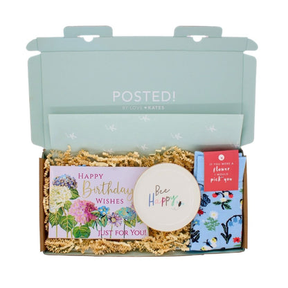 POSTED! Bee Happy Birthday Letterbox Gift Includes Pop Up Floral Treat Tray Card