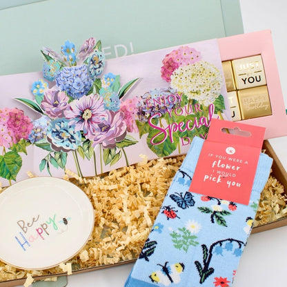 POSTED! Bee Happy Birthday Letterbox Gift Includes Pop Up Floral Treat Tray Card