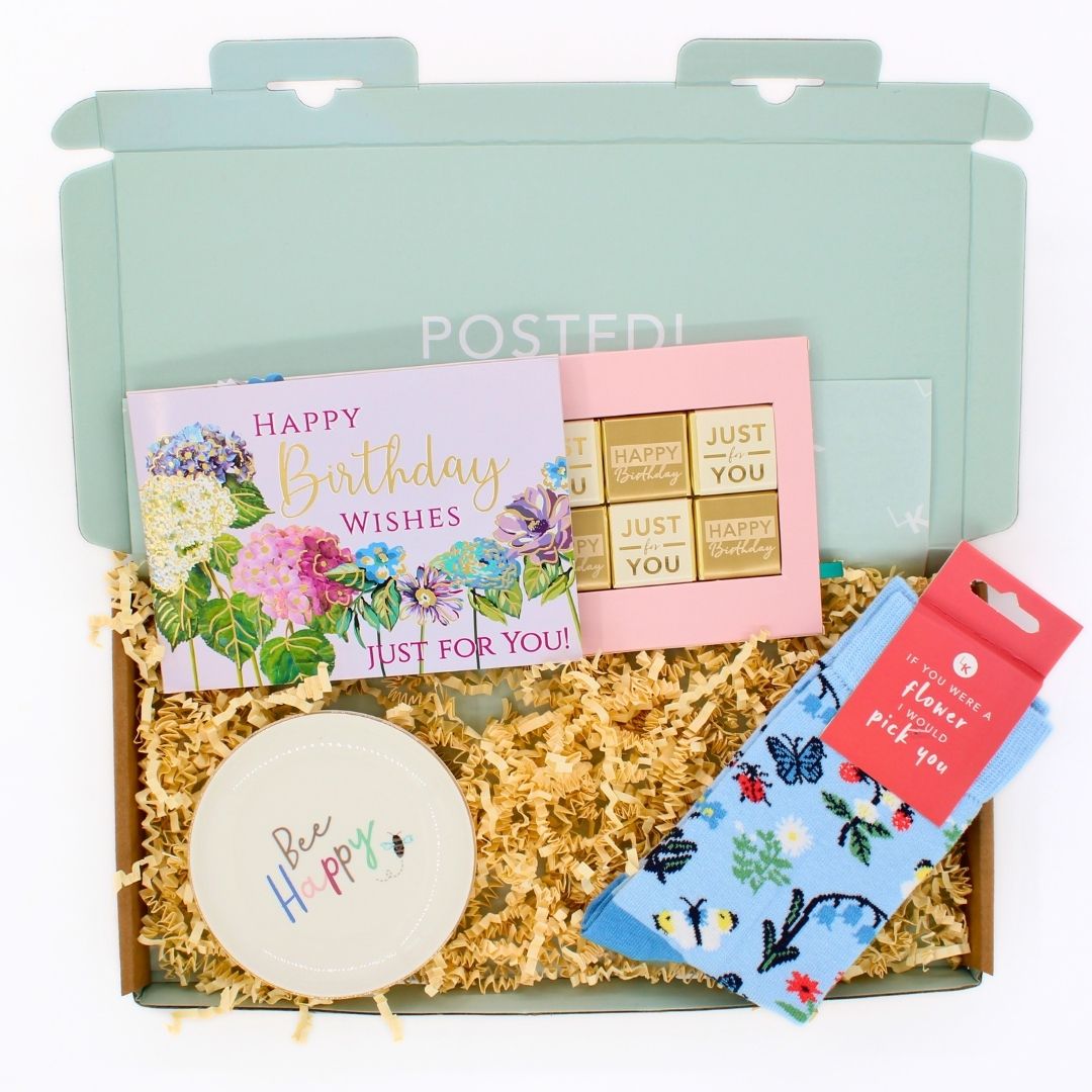 POSTED! Bee Happy Birthday Letterbox Gift Includes Pop Up Floral Treat Tray Card