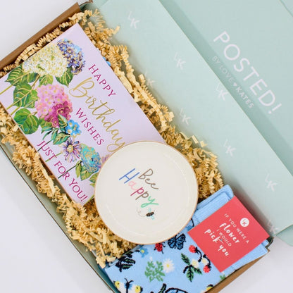 POSTED! Bee Happy Birthday Letterbox Gift Includes Pop Up Floral Treat Tray Card