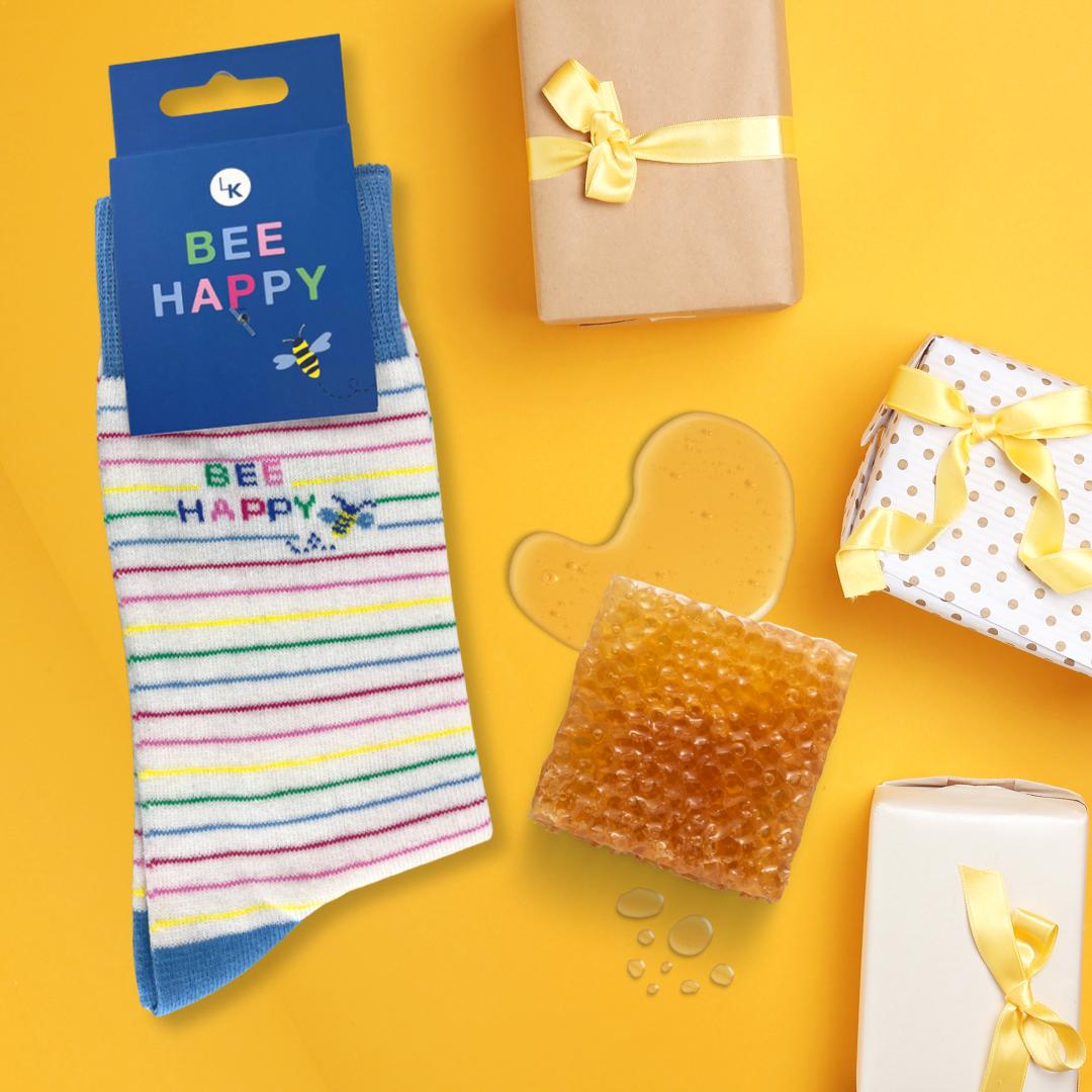 Snazzy Socks Bee Happy Stripey Ladies Socks Size 4-7 Novelty Sock Gift