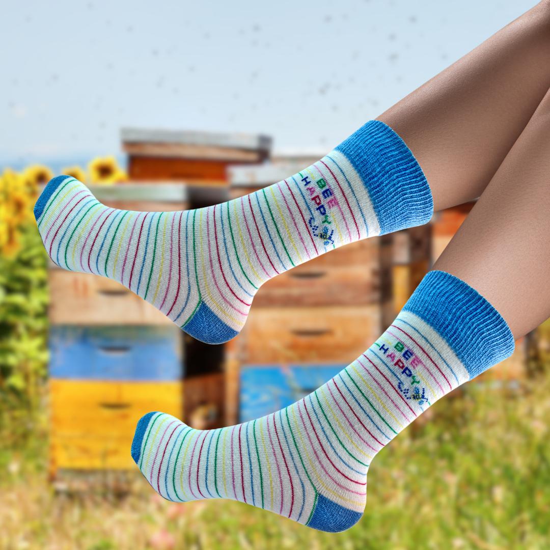 Snazzy Socks Bee Happy Stripey Ladies Socks Size 4-7 Novelty Sock Gift