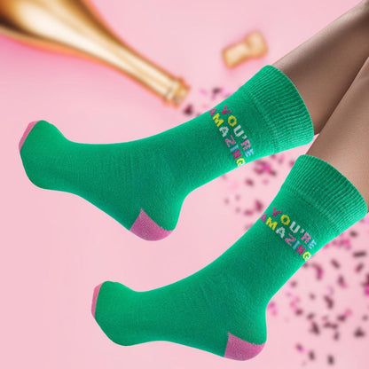 Snazzy Socks You're Amazing! Green Ladies Socks Size 4-7 Novelty Sock Gift