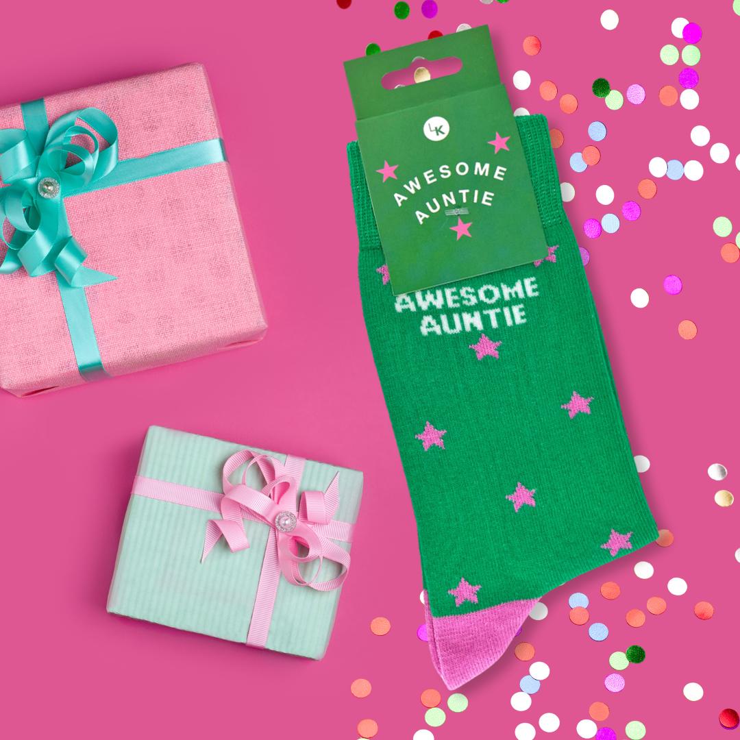 Snazzy Socks Awesome Auntie Pink Star Ladies Socks Size 4-7 Novelty Sock Gift