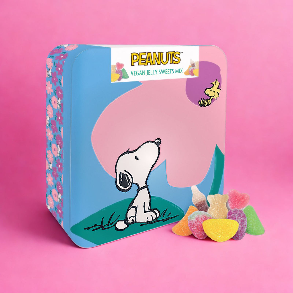 Snoopy Vegan Jelly Sweets In A Collectable Blue Floral Metal Keepsake Tin