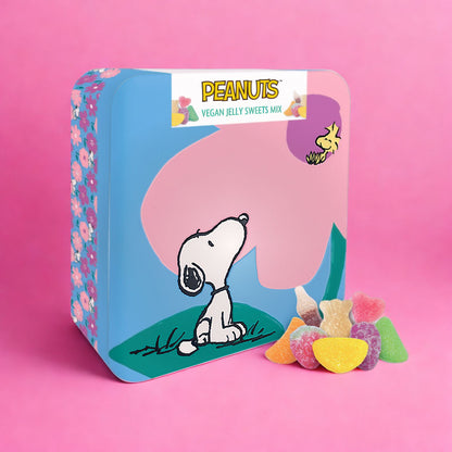 Snoopy Vegan Jelly Sweets In A Collectable Blue Floral Metal Keepsake Tin