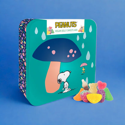 Snoopy Vegan Jelly Sweets In A Collectable Teal Floral Metal Keepsake Tin