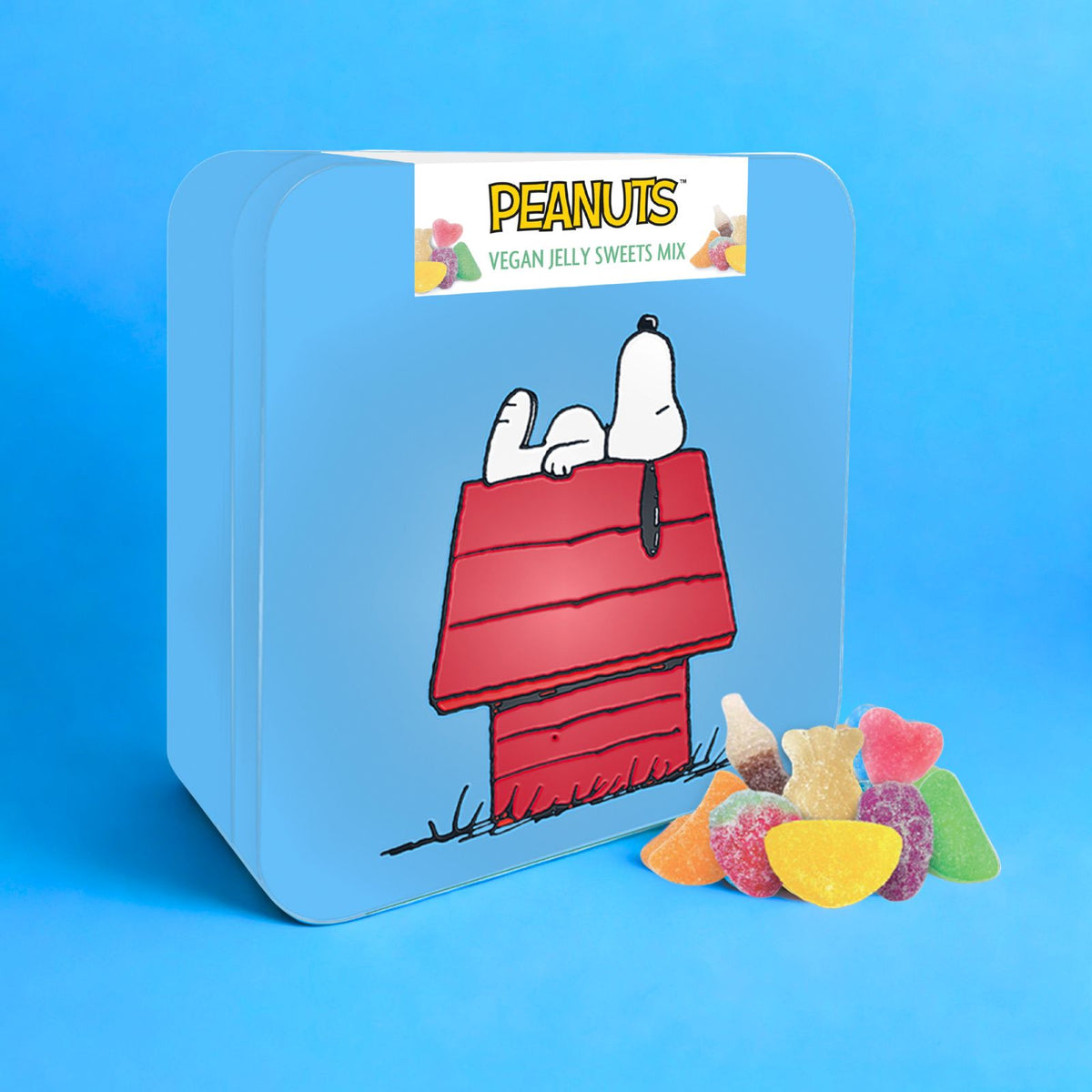 Snoopy Vegan Jelly Sweets In A Collectable Blue Metal Keepsake Tin