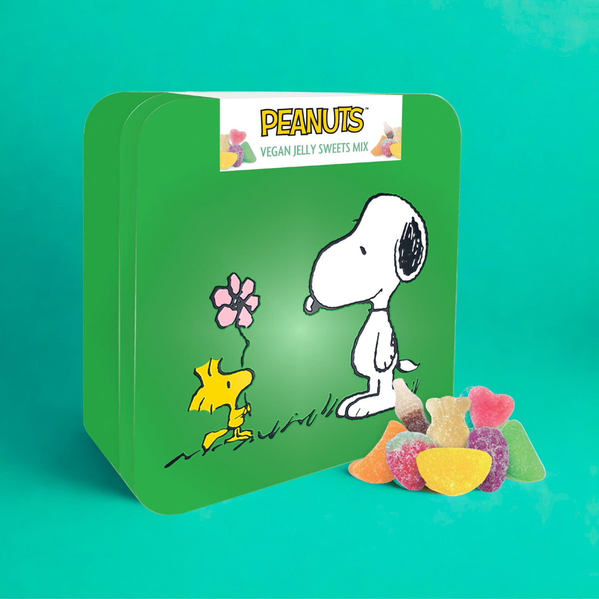 Snoopy Vegan Jelly Sweets In A Collectable Green Metal Keepsake Tin