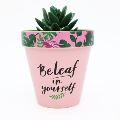 Love Plants Beleaf In Yourself Pink Painted Terracotta Plant Pot Gift Idea