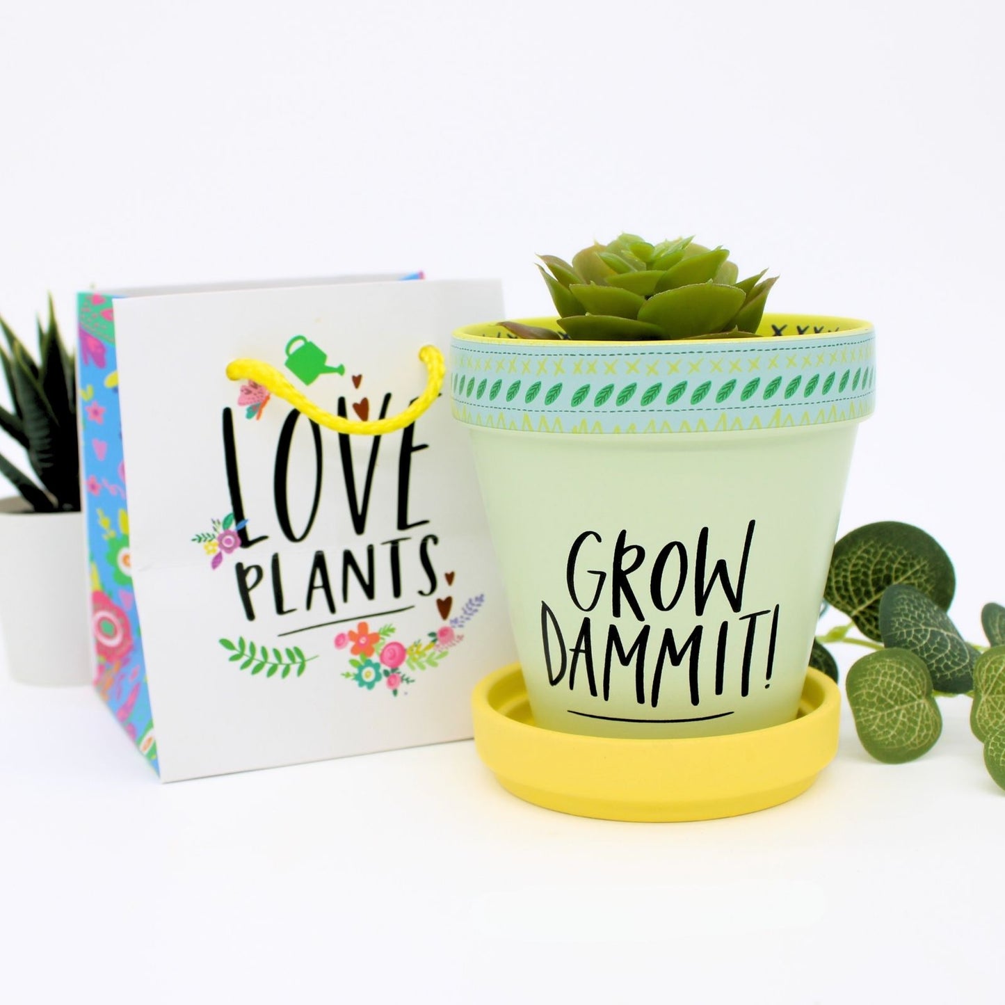Love Plants Grow Dammit! Green Painted Terracotta Plant Pot Gift Idea