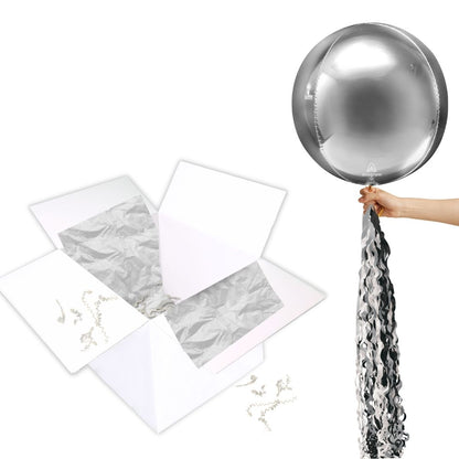 Floating Shimmering Silver Balloon In A Box With Tail Surprise Gift - Personalise It!