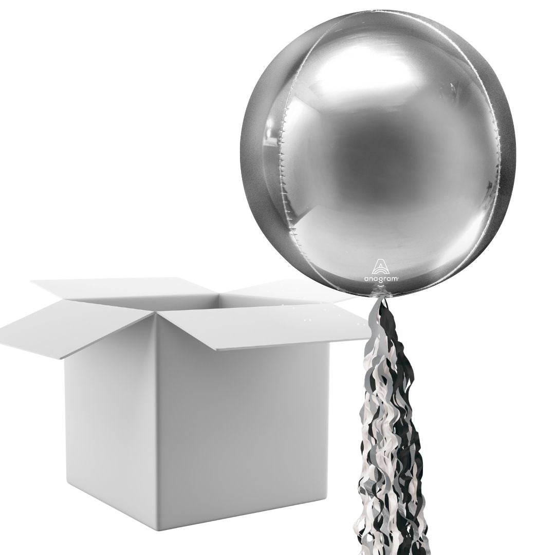 Floating Shimmering Silver Balloon In A Box With Tail Surprise Gift - Personalise It!