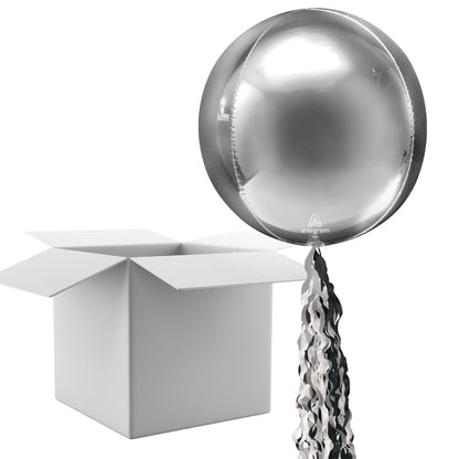 Floating Shimmering Silver Balloon In A Box With Tail Surprise Gift - Personalise It!