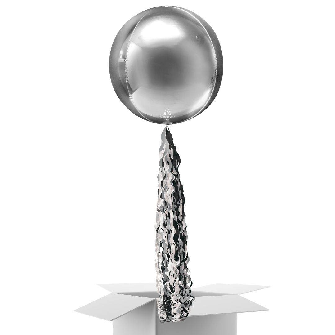 Floating Shimmering Silver Balloon In A Box With Tail Surprise Gift - Personalise It!