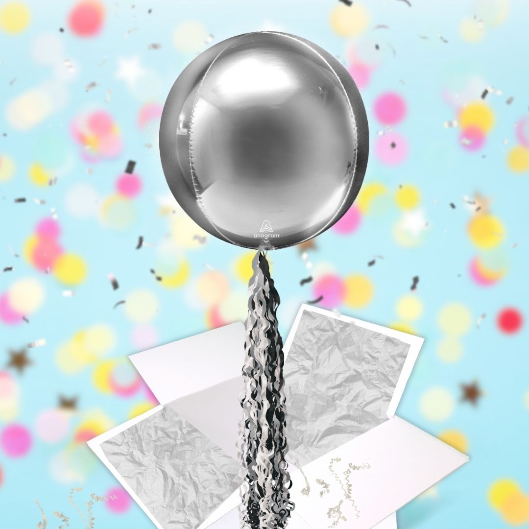 Floating Shimmering Silver Balloon In A Box With Tail Surprise Gift - Personalise It!