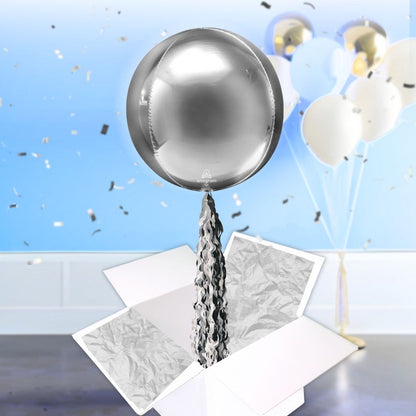 Floating Shimmering Silver Balloon In A Box With Tail Surprise Gift - Personalise It!