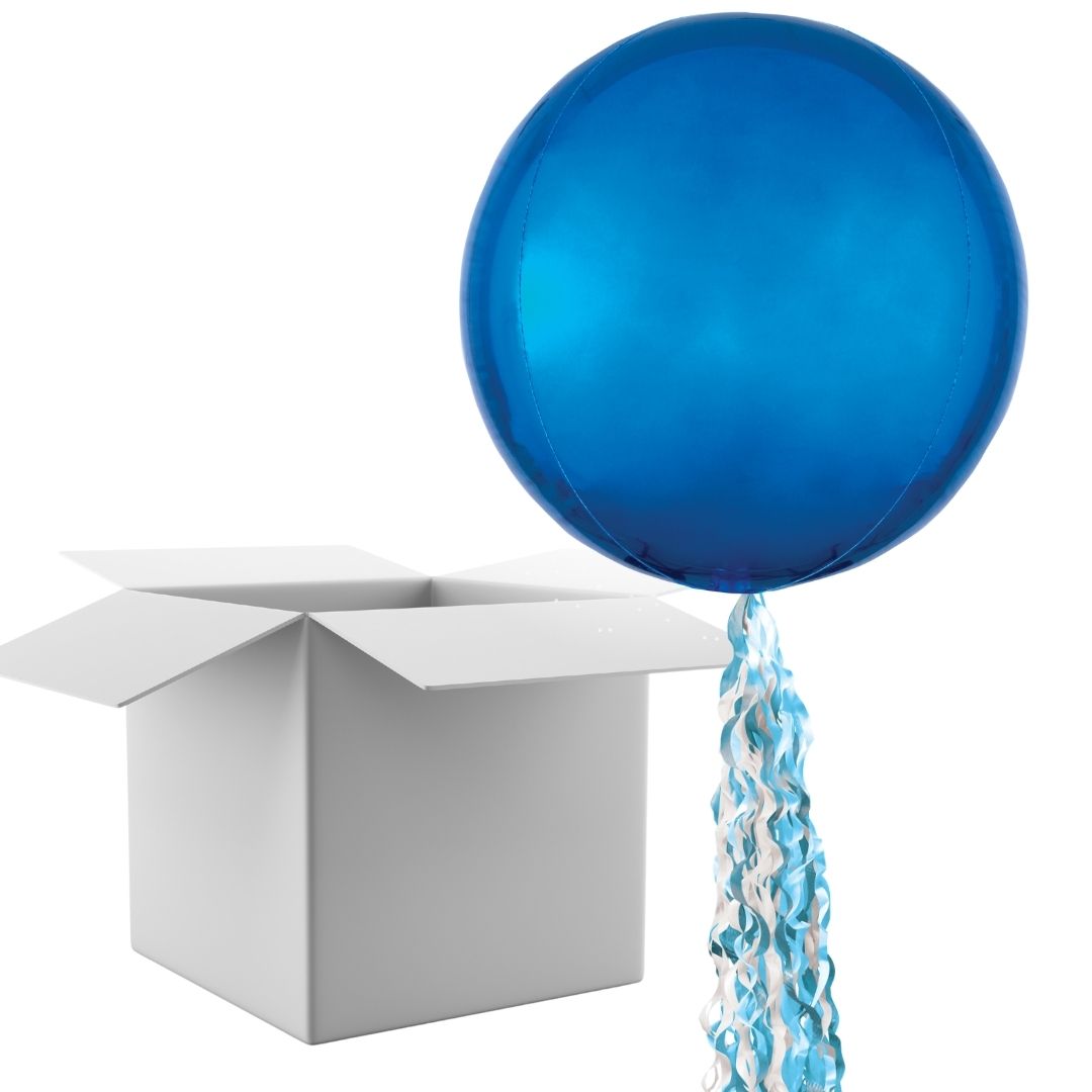 Floating Bold Blue Balloon In A Box With Tail Surprise Gift - Personalise It!