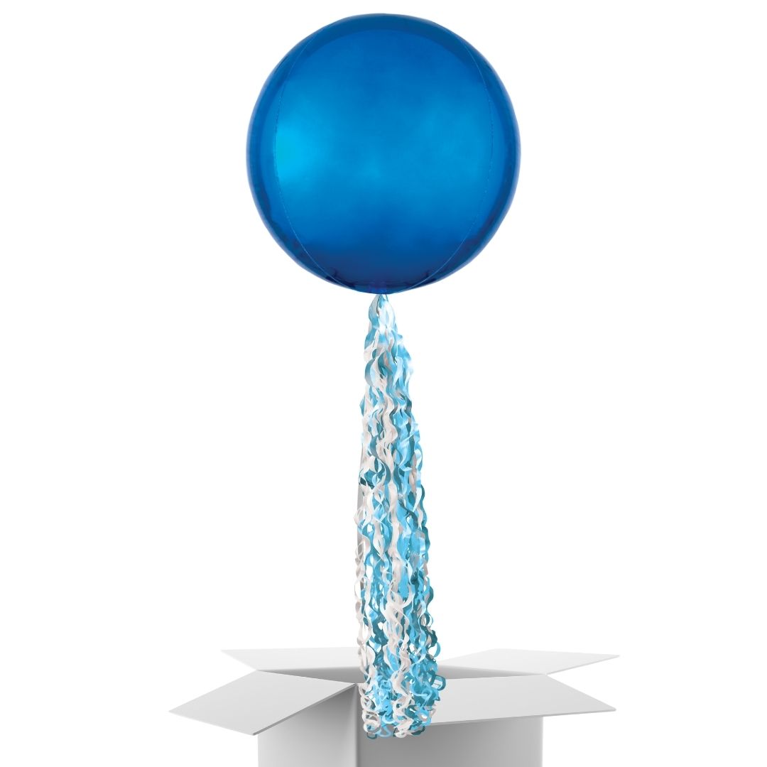 Floating Bold Blue Balloon In A Box With Tail Surprise Gift - Personalise It!