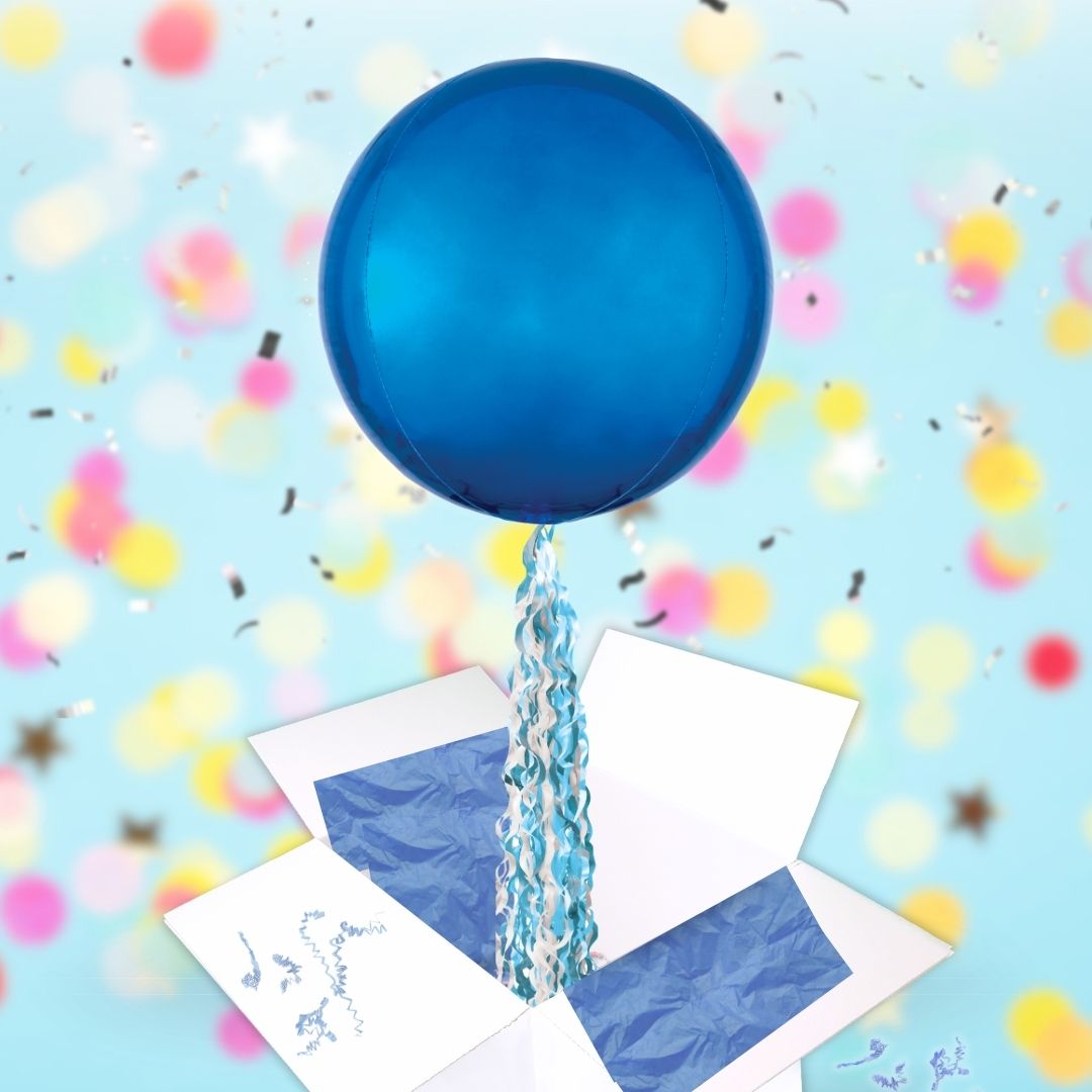 Floating Bold Blue Balloon In A Box With Tail Surprise Gift - Personalise It!
