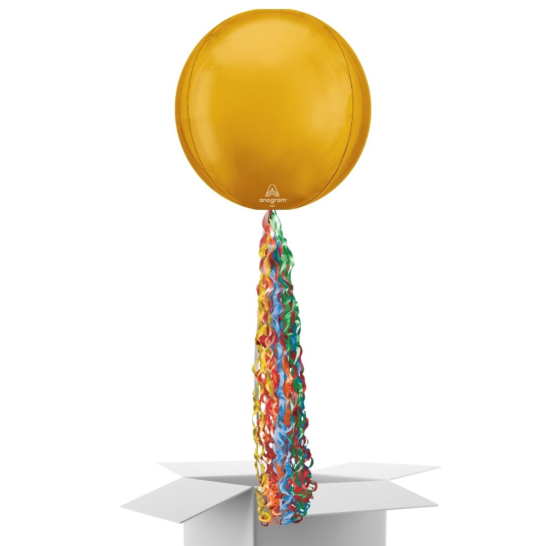 Floating Gleaming Gold Balloon In A Box With Tail Surprise Gift - Personalise It!