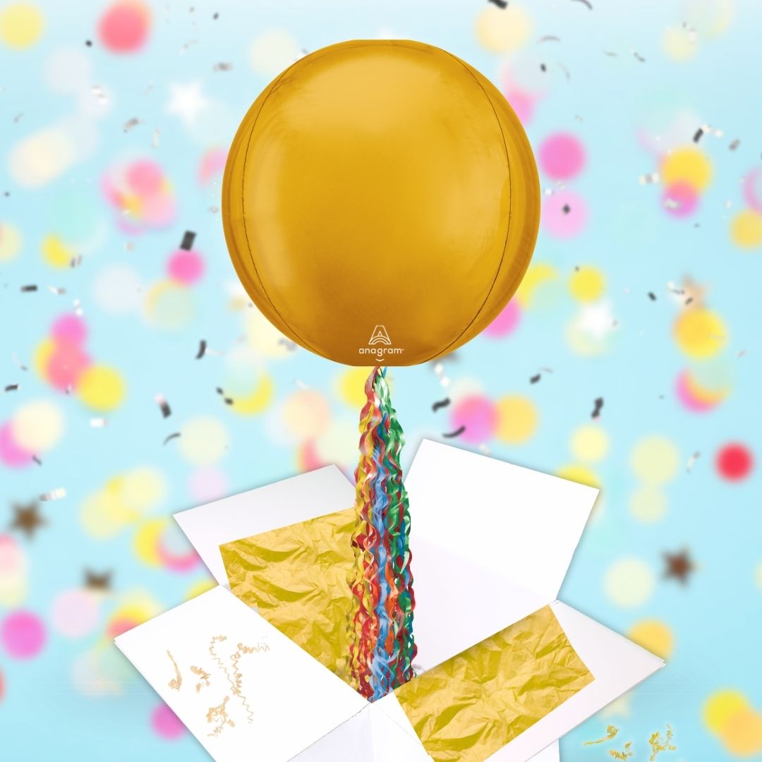 Floating Gleaming Gold Balloon In A Box With Tail Surprise Gift - Personalise It!